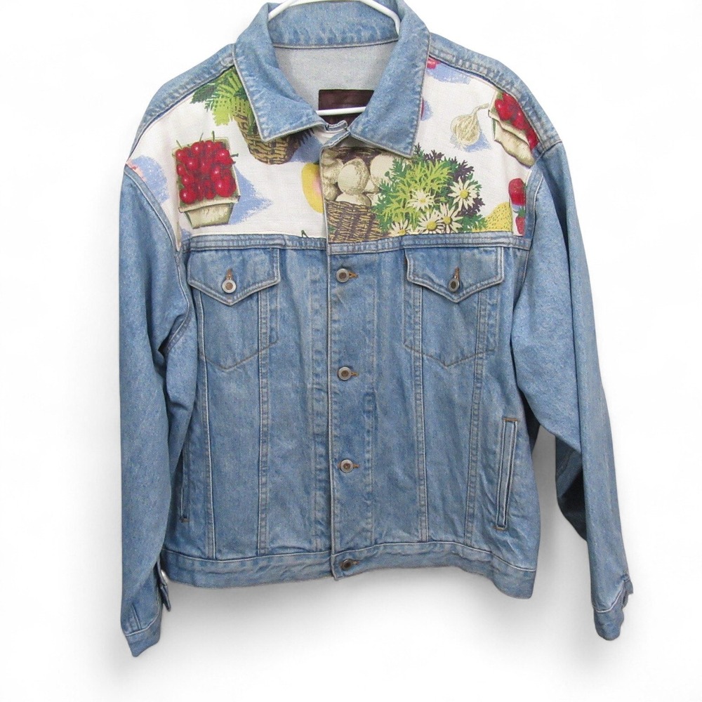 Stella‎ Blue Womens Vintage Denim Jacket 3 Painted Graphic Garden Vegetable